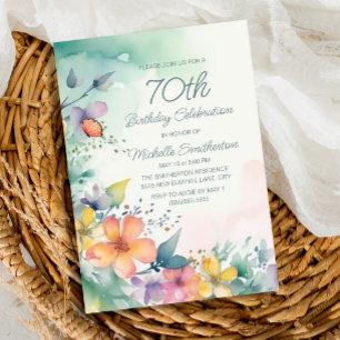 Türkisfarbene Rosa Gelbe Pastellblumen 70. Geburts Einladung