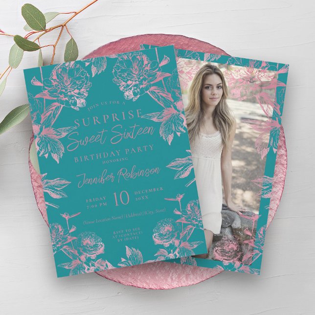 Türkisfarbene Rose Gold Blumenüberfluss Süß 16 Einladung (Turquoise Rose Gold Floral SURPRISE Sweet 16 Invitation)