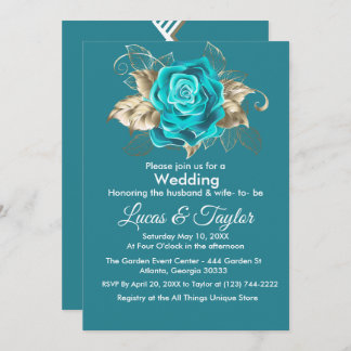 Türkisfarbene Rose & Goldene Federn Einladung Hoch