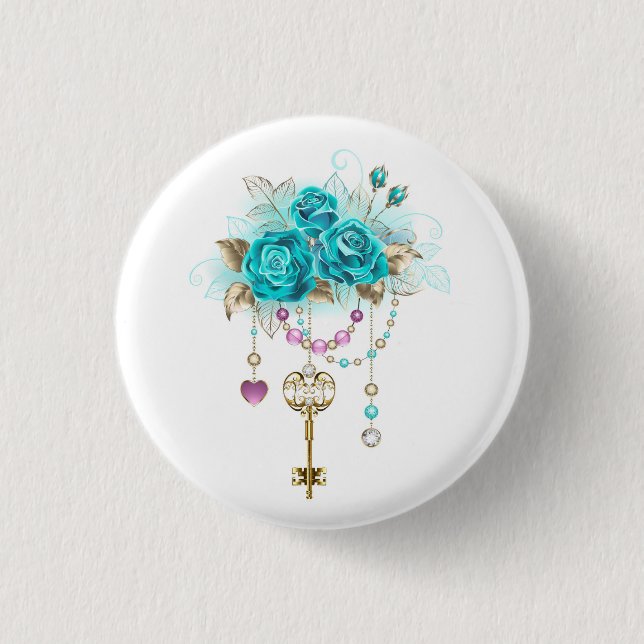 Türkisfarbene Rose mit Tasten Button (Vorderseite)