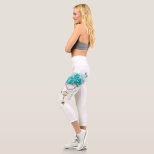 Türkisfarbene Rose mit Tasten Capri Leggings
