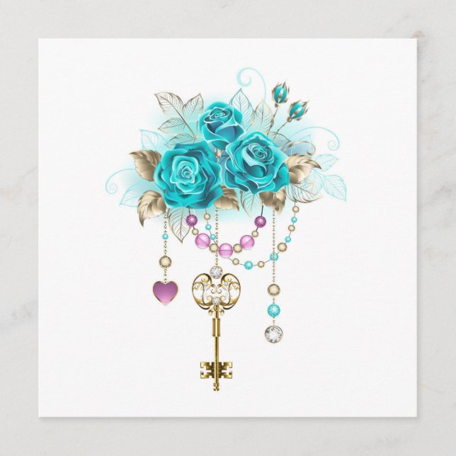 Türkisfarbene Rose mit Tasten Hinweiskarte (Vorderseite)