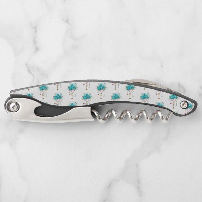 Türkisfarbene Rose mit Tasten Kellnermesser (Vorderseite)