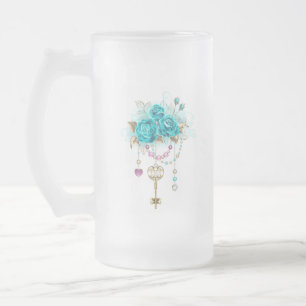 Türkisfarbene Rose mit Tasten Mattglas Bierglas