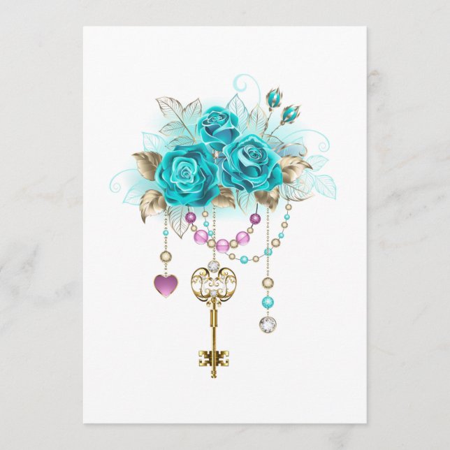 Türkisfarbene Rose mit Tasten Menükarte (Vorderseite)