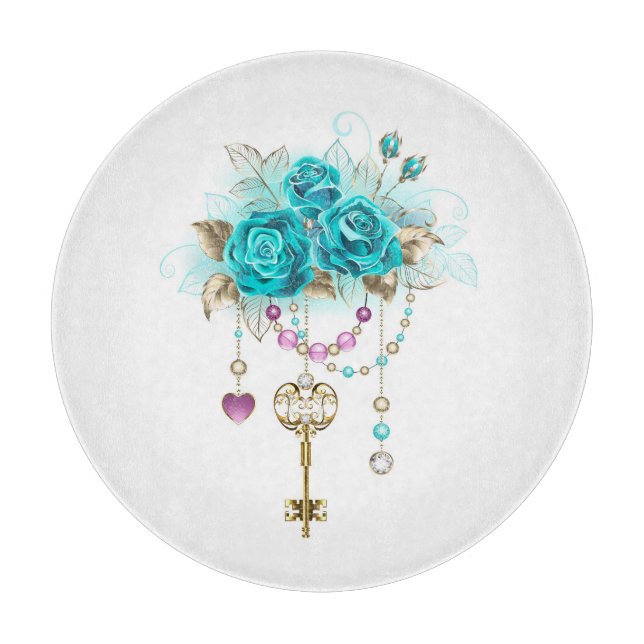 Türkisfarbene Rose mit Tasten Schneidebrett (Vorderseite)