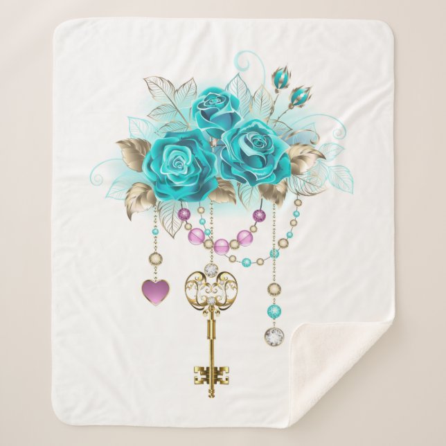 Türkisfarbene Rose mit Tasten Sherpadecke (Vorderseite)