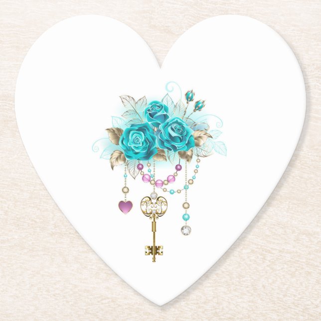 Türkisfarbene Rose mit Tasten Untersetzer (Vorderseite)