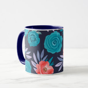 Türkisfarbene Rose und korallenfarbene Blume mit p Tasse