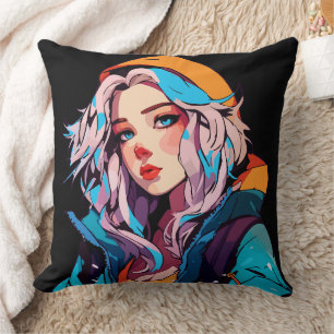 Türkisfarbene Schönheit: HandGezeichnet Anime Girl Kissen