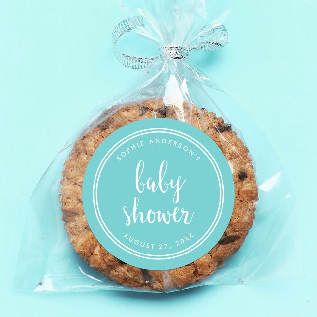 Türkisfarbene Schrift und White Stripes Babydusche Runder Aufkleber (Von Creator hochgeladen)