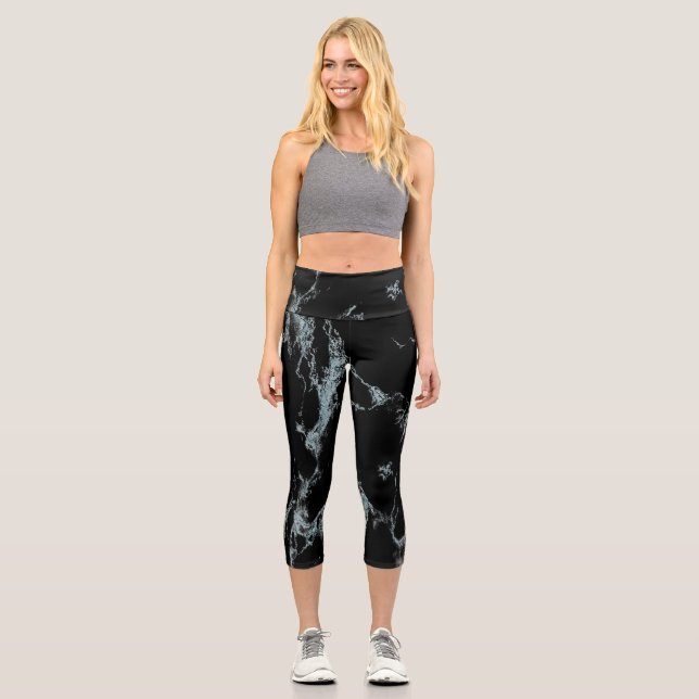 Türkisfarbene, schwarze Marmorverkleidung Capri Leggings (Vorderseite)