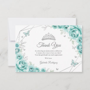 Türkisfarbene Silberne Florale Quinceanera Dankeskarte