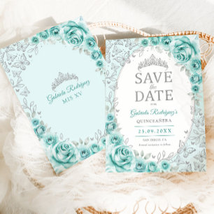 Türkisfarbene Silberne Florale Quinceanera Save The Date