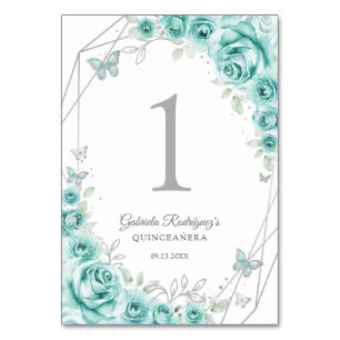 Türkisfarbene Silberne Florale Quinceanera Tischnummer