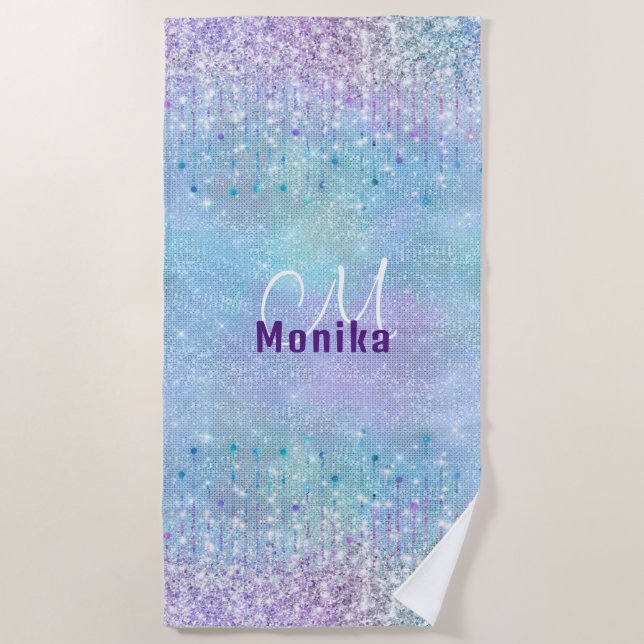 Türkisfarbene Silver Imitats Monogram Glitzer Strandtuch (Vorderseite)