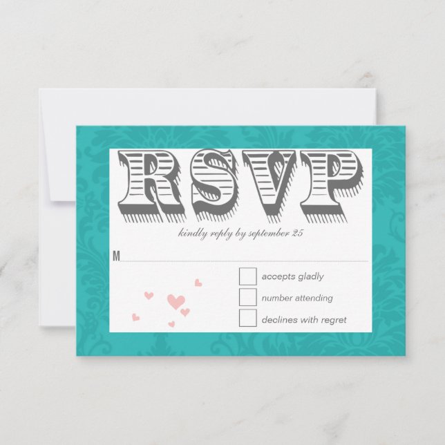 Türkisfarbene Typografie und rosa Damassoße RSVP Karte (Vorderseite)