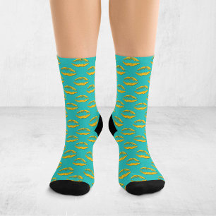 Türkisfarbene und gelbe Pop-Art-Küssende Lippen XO Socken