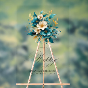 Türkisfarbene und goldene Blumenhochzeitsbegrüßung Acrylschild