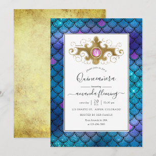 Türkisfarbene und goldene Mermaid Quinceañera mit Einladung