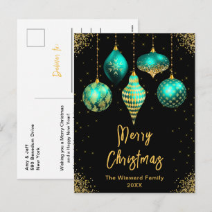 Türkisfarbene und goldene Ornamente Frohe Weihnach Feiertagspostkarte