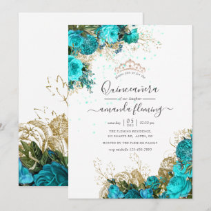 Türkisfarbene und goldene Vintage-Blumen-Quinceañe Einladung