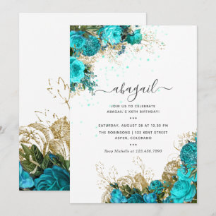 Türkisfarbene und goldene vintage shabby florale G Einladung