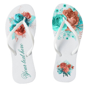 Türkisfarbene und korallenrote florale tropische H Flip Flops