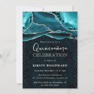 Türkisfarbene und silberne Glitter-Achat-Quinceane Einladung