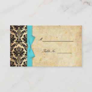 Türkisfarbene Vintage Bow Damask-Hochzeitsplakate Platzkarte