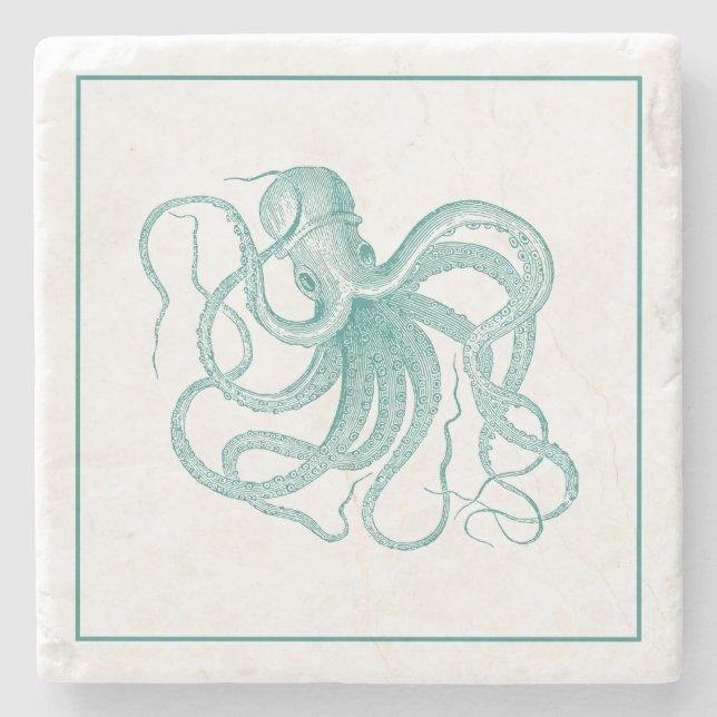 Türkisfarbene Vintage Octopus-Illustration Steinuntersetzer (Vorderseite)
