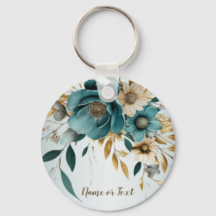 Türkisfarbene Weiße Blume Goldene Blätter Elegant Schlüsselanhänger
