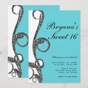 Türkisfarbene Weiße Silber Glitter Wirbel Süße 16  Einladung
