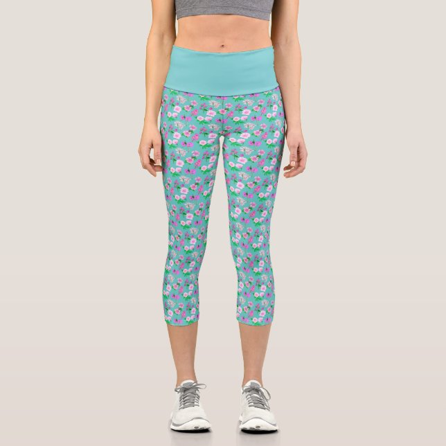 Türkisfarbene Wildblume Capri Leggings (Vorderseite)