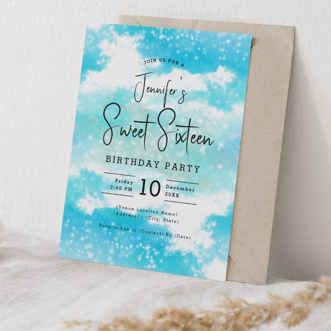 Türkisfarbene Wolken Süß 16 Party Einladung (Turquoise Watercolor Clouds Sweet 16 Party Invitation)