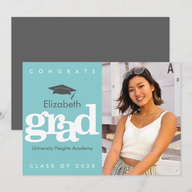 Türkisfarbener Abschluss Foto Graue Kappe Ankündigung (Vorne/Hinten)