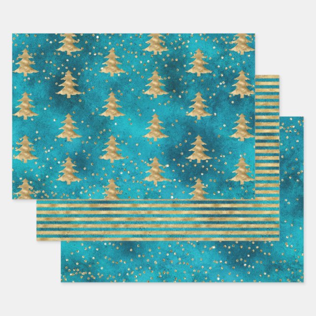 Türkisfarbener Aquamariner Goldspass Weihnachtsbau Geschenkpapier Set (Set)