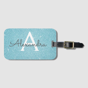 Türkisfarbener blauer Glitter-Monogramm-Name Gepäckanhänger