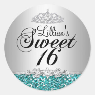 Türkisfarbener Glitter & Diamant Tiara Sweet 16 Au Runder Aufkleber