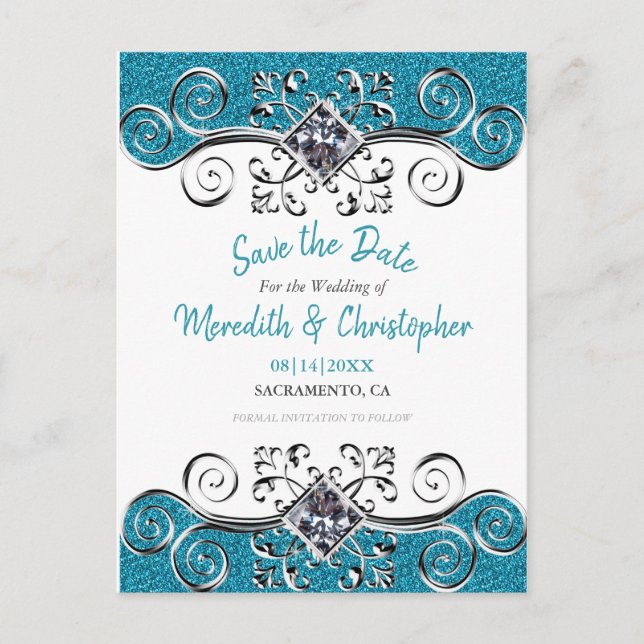 Türkisfarbener Glitzer Bling Wedding Save the Date Ankündigungspostkarte (Vorderseite)