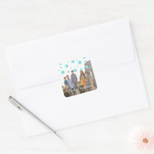Türkisfarbener Glitzer Confetti Holiday Foto Stick Quadratischer Aufkleber