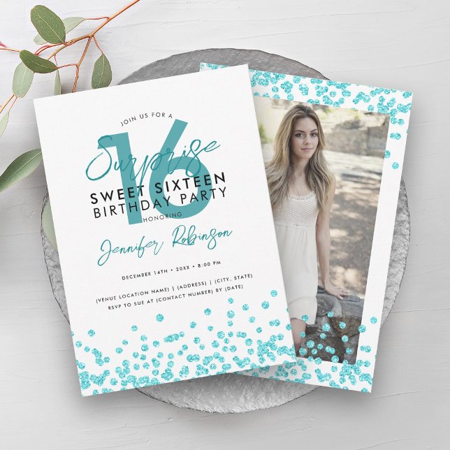 Türkisfarbener Glitzer Confetti Überraschung Süß 1 Einladung (Turquoise Glitter Confetti Surprise Sweet 16 Invitation)