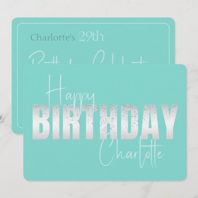Türkisfarbener Glitzer Geburtstagsfeier Einladung (Vorne/Hinten)