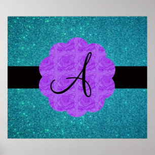 Türkisfarbener Glitzer lila Rose Monogramm Poster