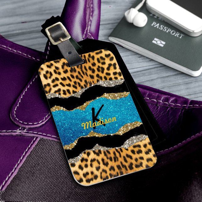Türkisfarbener Glitzer-Monogramm aus Gürteltierdru Gepäckanhänger (Von Creator hochgeladen)