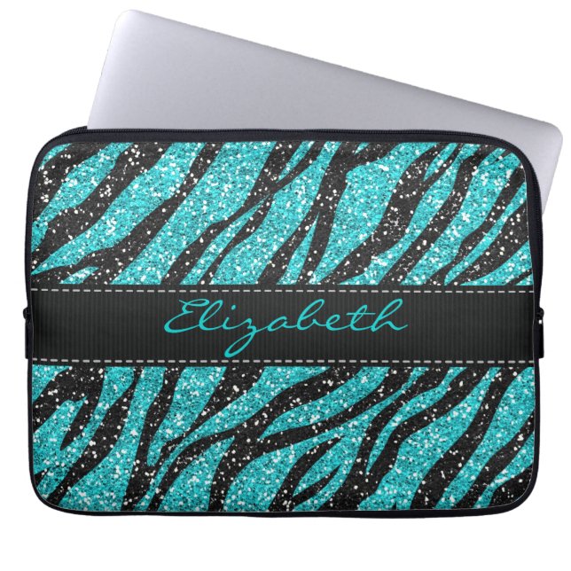Türkisfarbener Glitzer Zebra Print Monogram Laptopschutzhülle (Vorderseite)