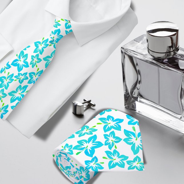 Türkisfarbener Hibiskus Hawaiianisches Muster Krawatte (Von Creator hochgeladen)