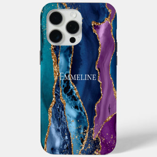 Türkisfarbener Lila Blue Gold Glitzer Marmor iPhone 15 Pro Max Hülle