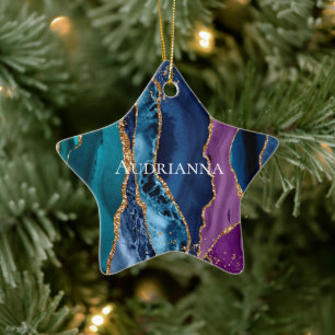 Türkisfarbener Lila Blue Gold Glitzer Marmor Keramik Ornament