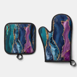 Türkisfarbener Lila Blue Gold Glitzer Marmor Ofenhandschuh & Topflappen-Set